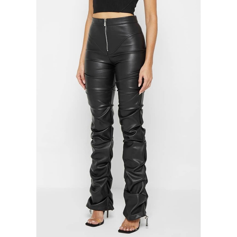 Maniere De Voir Black Tacked Vegan Leather Fit & Flare Pants High Rise US 2 NWOT